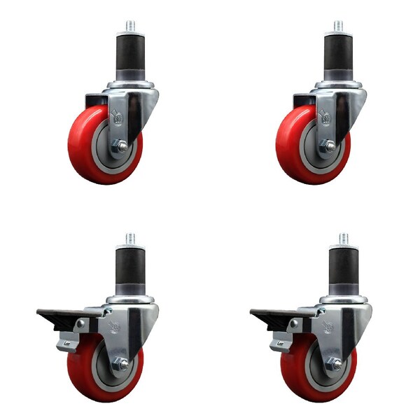 Service Caster 3.5'' Red Poly Wheel Swivel 1-5/8'' Expanding Stem Caster Set 2 Brakes, 4PK SCC-EX20S3514-PPUB-RED-2-PLB-2-158 - main